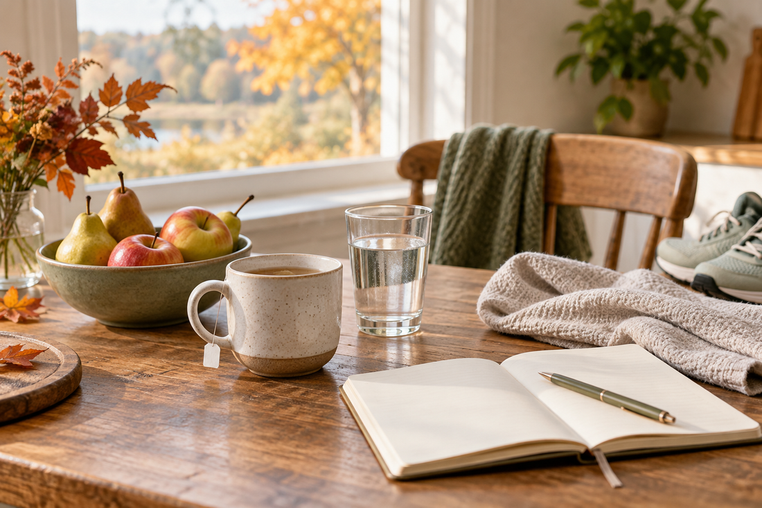 Apples, pears, herbal tea, water, walking shoes and an open wellness journal on a table in soft autumn light
