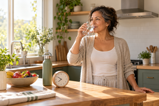 Middle-aged Latina woman drinking water during a simple morning wellness routine in a bright kitchen.