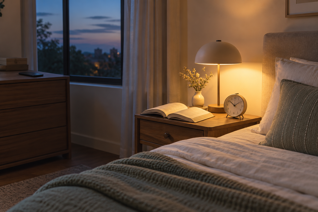 Calm bedroom at dusk with an open book, alarm clock and smartphone placed away from the bed.