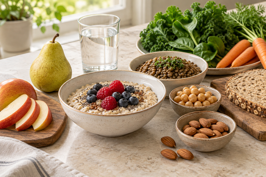 Fiber-rich foods including oatmeal, berries, pear, lentils, vegetables and whole-grain bread on a kitchen table.