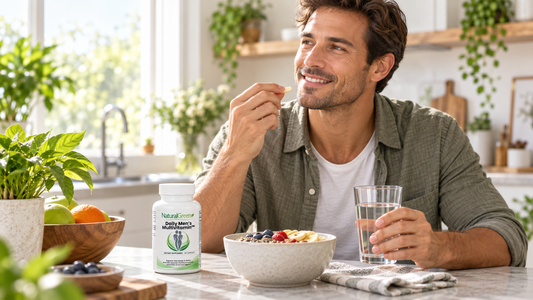 Man taking NaturalGreen™ Daily Men’s Multivitamin with breakfast and water as part of a healthy morning wellness routine.
