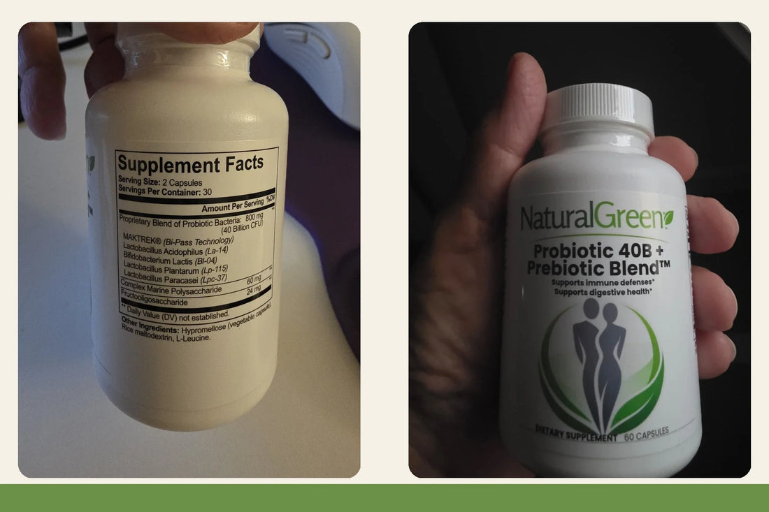 A hand holding the NaturalGreen Probiotic 40B bottle up close to read its real Supplement Facts label, next to the same bottle's front label