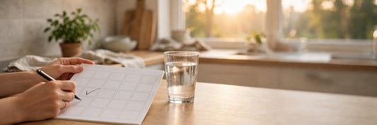 Hands checking off the day on a simple calendar next to a glass of water in morning light - a daily supplement routine built on consistency